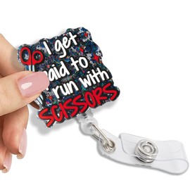 Pishovi I Get Paid to Run with Scissors Glitter Retractable Reel ID Card Clip, Funny Bandage Scissor Badge Holder for Nurse Surgeon Trauma Physician Assistant, Christmas Birthday Thanking You Gifts