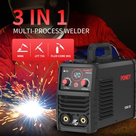 PONEY 120A Flux Core MIG Welder 110V - 3 in 1 Gasless MIG/Stick/Lift TIG Welding Machine with Synergic Control IGBT Inverter Multi-process Portable Wire Feed Welder