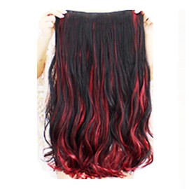 Feibin Hair Extension, Gradient Color, Collar Leg Wig, Long, One-touch Extension, Curly Hair, Hair Loss, Recitals, Hair Makeup, Dance, School Travel, Fluffy, Easy to Install, Good Texture, Natural, Medical Use, Small Face Effect, Cute, Heat Resistant, 12 Colors, 23.6 inches (60 cm) (Black + Red)
