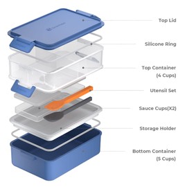 linoroso Stackable Bento Box Adult Lunch Box | Meet All You On-the-Go Needs for Food, Salad and Snack Box, Premium Bento Lunch Box for Adults Include Utensil Set, Dressing Containers - Classic Blue