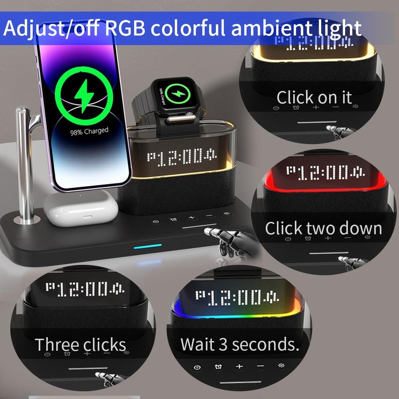 5-in-1 Magnetic Charging Stand for iphone12/13/14/15/pro/max,iwatch2/3/4/5/6/7/8/9/se,RGB Ambient Light,Digital Display Clock
