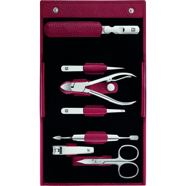 ZWILLING Manicure and Pedicure Set, Travel Case Set, Nail Care, Leather, 7 Pieces, Red