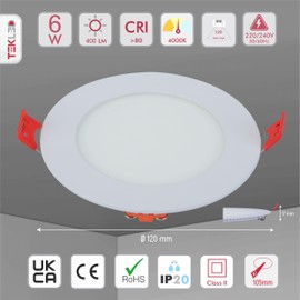 TEKLED LED Round Recessed Ceiling Light | Flat Panel Ultra Slim 120mm Downlight | 6W 400LM | for Home Kitchen Office Shop Industrial Use | 4000K Cool White | 5-Pack [Energy Class G]