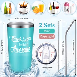 Suclain Thank You Gifts Employee Appreciation Gifts Thank You for Being Awesome Tumbler 20 oz Stainless Steel with Lid Straw for Women Men Back to School(Light Blue, Rose Gold,2 Sets)