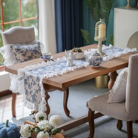 ARTMAGIC Floral Table Runner Cotton Fabric with White Embroidery Lace Ruffled Retro Rustic Dress Scarf Farmhouse Decor for Spring Summer Dining Table Home Holiday Party (Blue Floral, 16 x 90 Inches)