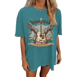 Women's Oversized Casual Band Graphic T-Shirts Nashville Country Music Tee Crewneck Western Vintage Rock Roll Short Sleeve Tops Blue Green, XL