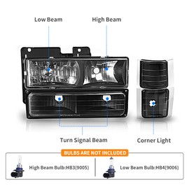 DWVO Headlight Assembly Compatible with 1994-1999 Chevy Silverado 1500 2500 3500, Suburban 1500 2500, 1995-1999 Tahoe Headlamp with Corner & Bumper Lights, Black Housing, and Clear Lens