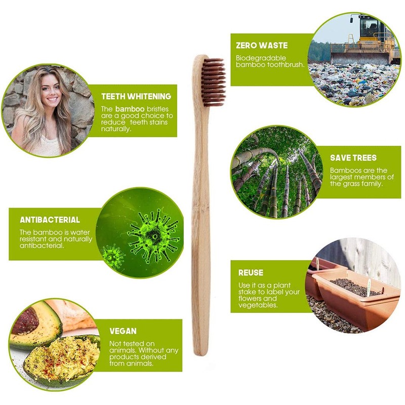 3pk Family Eco-Friendly and Natural Organic Wooden Bamboo Toothbrushes, Biodegradable,