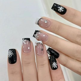 TBRZTR Christmas Short Square Snowflake False Nails With Rhinestones Design Full Cover Glue-On French Press Xmas Acrylic DIY Black White Stick-On Nails for Women 24Pcs