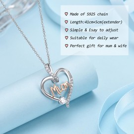 JOPLY Gifts for Mum, Sterling Silver Heart Cubic Zirconia Pendant Necklaces Jewellery Gifts for Mum from Daughter Son, Perfect Christmas Mothers Day Birthday Gift with Gift Box