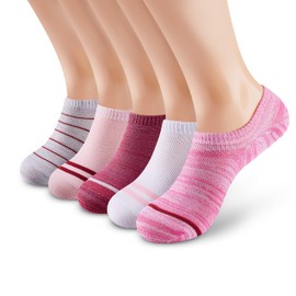 MONFOOT Men's/Women's 5 Pairs No Show Non slip Socks, Striped Pink Large Multipack