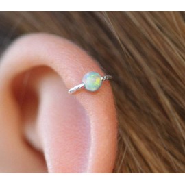 White Opal Cartilage Earring Hoop - 20G Sterling Silver helix piercing ear ring - silver cartilage hoop (Silver, White Opal)