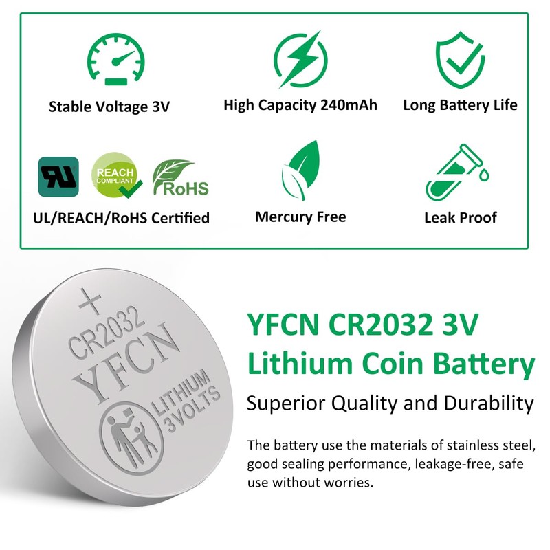 YFCN CR2032 Battery 3V Lithium Batteries 5 Count Pack CR2032