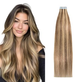Lveyan Tape in Hair Extensions Human Hair, 20 Inch Chestnut Brown/Golden Blonde Remy Human Hair for Women Skin Weft 20pcs 50g/pack Invisible Tape in Hair Extensions (#P6/22, 20 Inch)