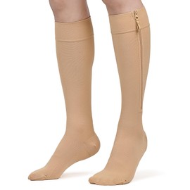 KEKING® Zipper Compression Socks for Men Women, Closed Toe, 20-30mmHg Firm Support Knee High Zipper Compression Stockings for Wide Calf - Varicose Veins, DVT, Shin Splints, Edema, Nursing, Beige 5XL