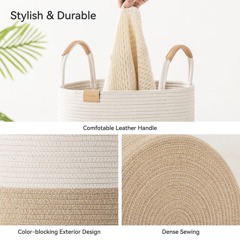 Nunsino 95L Striped Laundry Hamper with Leather Handles,Large Foldable Laundry