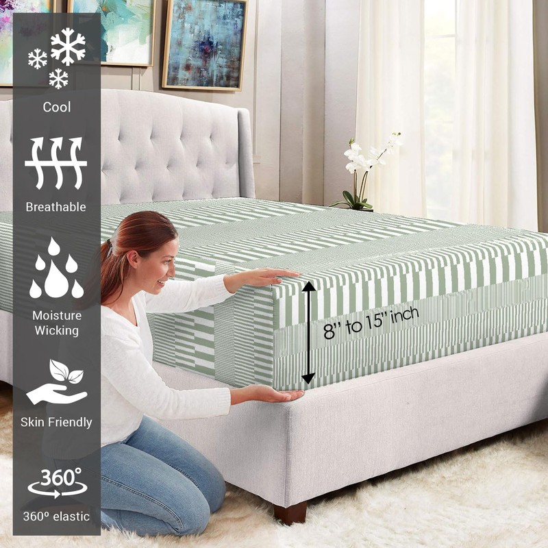 Pizuna Cotton Cascade Stripe Green Print Single Fitted Sheet 1