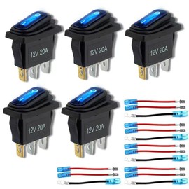 12v Rocker Switch Waterproof 5 PCS - 12 Volt Toggle Switch with 3 20cm Detachable Wires, SPST 3 Pin On Off Switches Snap-in Design Square Switch with Blue LED Light for Car Boat Marine RV Truck KCD3