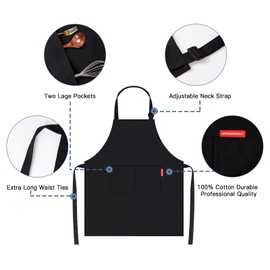 APRONPANDA Professional Adjustable Black 100% Cotton Apron with 2 Pockets Cooking Kitchen Chef Women Men Aprons for Home Kitchen, Restaurant, Coffee House, Baking Gardening BBQ 2 Pack