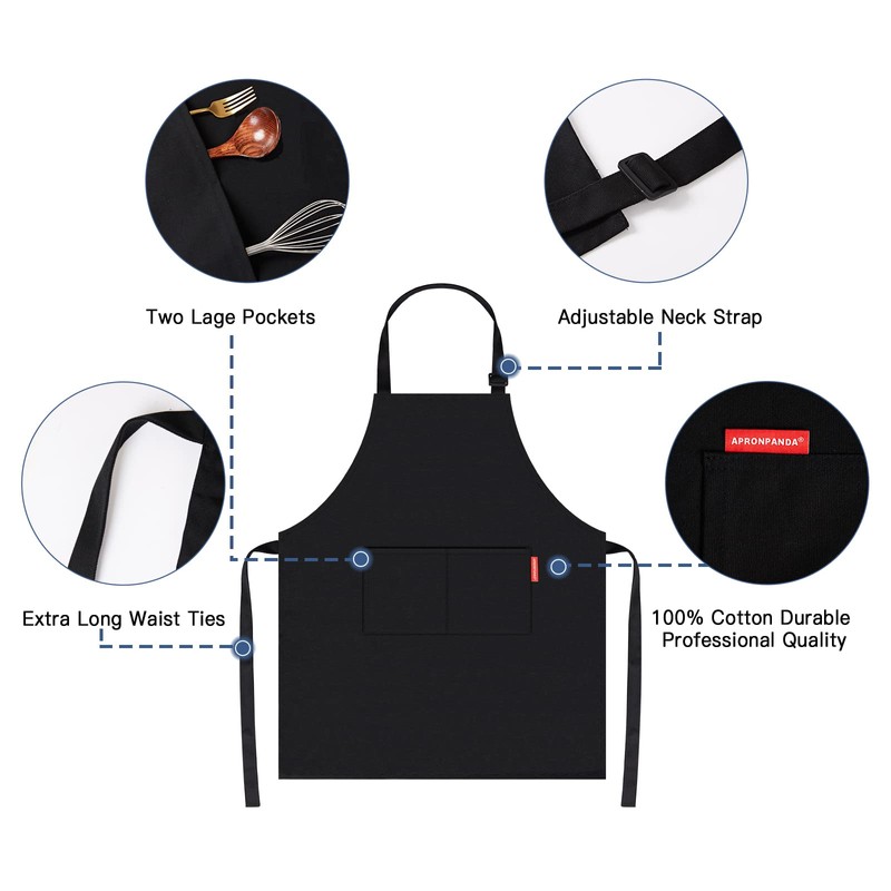 APRONPANDA Professional Adjustable Black 100% Cotton Apron with 2 Pockets