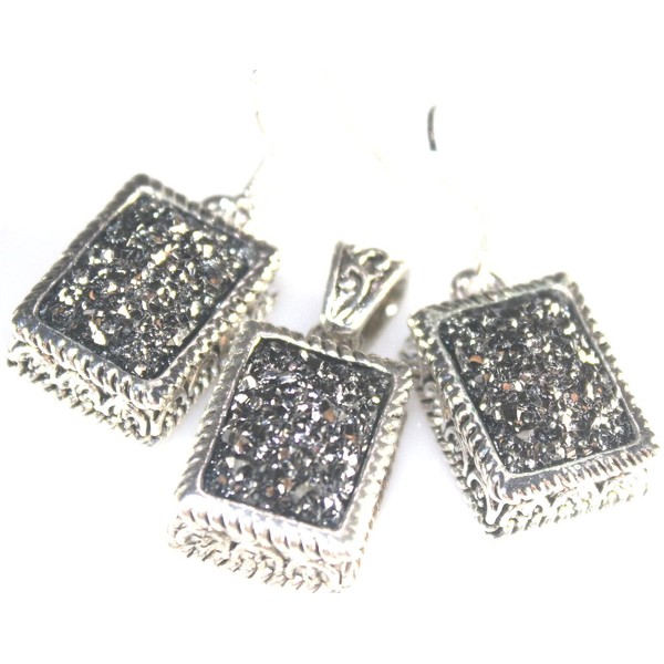 SILVER Vintage Style Silver Gray Grey Titanium Druzy Rectangular Pendant