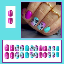 24 Pcs Blue Purple Press on Nails Short Square,MINGCHUN Summer Cute Fake Nails Press ons Acrylic Nail Art Tip Kit Full Cover False Nails Glue on Nails with Coconut Tree Seaside Sunset Design for Women