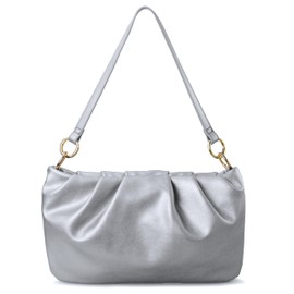 Women Ruched Shoulder Handbag Cloud Pouch Hobo Bag Convertible Clutch Soft Vegan Leather Cross body Bag (Silver)