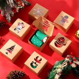 Langyiwee 100 Sets Christmas Socks Gift in Kraft Boxes with Window Operation Christmas Gift Bulk Items Kids Socks for Xmas Party