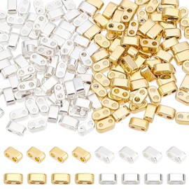 PH PandaHall 160 abalorio de semillas de 2 agujeros de 2 agujeros chapados en plata de ley 925 bañadas en oro de 24 quilates, abalorio de hematita sintéticas para pulseras de cordón, collares, joyería