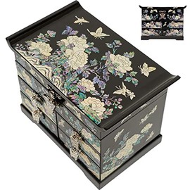 February Mountain Mother of Pearl Wooden Jewelry Organizer Box â Jewelry Storage Box for Women, Features Spacious Drawers, Ideal for Rings, Bracelets, Watches, Chains, Accessories (Black)