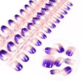 5 Pack 120 PCS Press On Nails Short Length Square Jelly Glue On Nails, Gradient Pink Purple Press On Nails Set, 5 Set Glossy Press On Nails for Women Girls Artificial Fingernails Decor