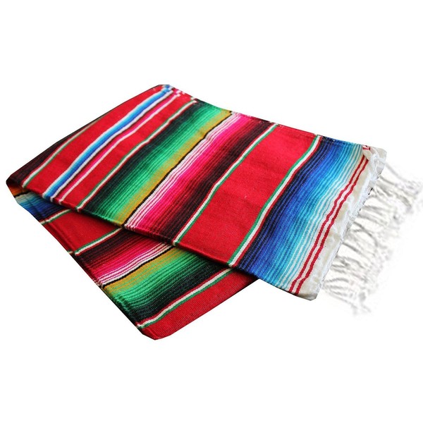 Mexican Serape Blanket Red multicolored throw handwoven Vintage 80" X 60"  XL