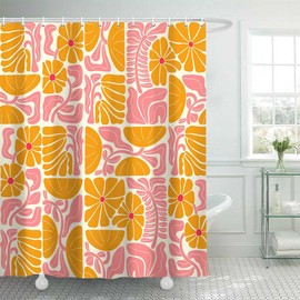 DeeCabin Boho Abstract Colorful Floral Shower Curtain, Vintage Retro Patchwork Orange Pink Flower Botanical Geometric Aesthetic Groovy Bathroom Decor Shower Curtain Set with 12 Hooks, 70X70IN