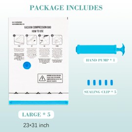 aonova Vacuum Storage Bags, 5-Pack Vacuum Compression Zipper Storage Bags Reusable for Travel and Home with Airtight Valve and Hand Pump - Large 80x60cm