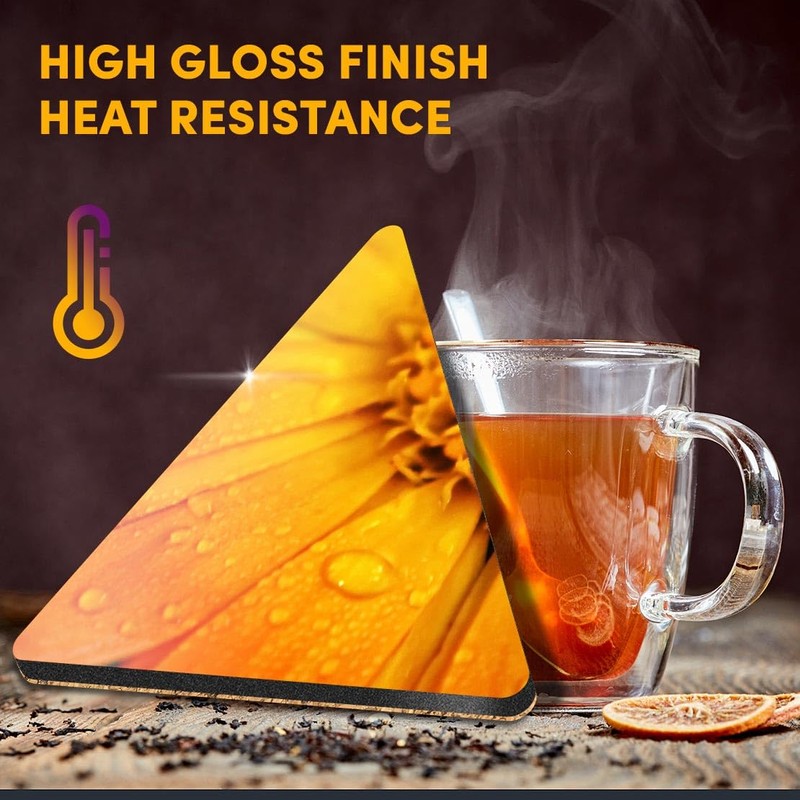 1 x Triangle Coaster - Orange Marigold Flower Cork Backed