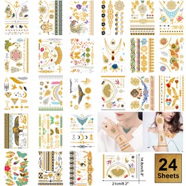 CUTELIILI Metallic Temporary Tattoo 260+,24 Sheets Gold Silver Fake Tattoos for Women Teen Girls,Flash Jewelry Tattoos,Gold Tattoos Waterproof and Long Lasting Chriatmas Gift
