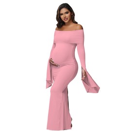 JustVH Women's Maternity Long Sleeve Off Shoulder Pregnancy Photography Dress for Baby Shower Photoshoot Party Pink