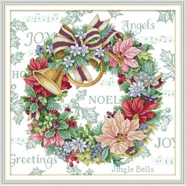 Funcrostitch Cross Stitch Kits Stamped Full Range of Embroidery Set,DIY Sewing Pattern Needlework Kits for Beginners 11CT 3 Strands-Holiday Wreath 69cm×68cm