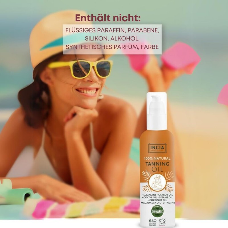 INCIA Organic Certified Tanning Oil, 150 ml, Natural, Radiant Tan,