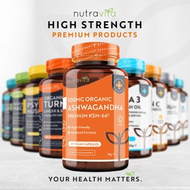 Organic Ashwagandha KSM-66® with 5% Withanolides - Vegan Friendly with The Highest Concentration Most Bioavailable Full-Spectrum Root Powder for Immune Support - Made in The UK by Nutravita