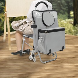 Trolley Type Painting Box for Sketching,Portable Outdoor Art Student Sketching Easel Trolley Cart Can Sit,Storage Stool for Painting Tools,Folding Wheeled Portable Rolling Chair/Art Cart(Silver)