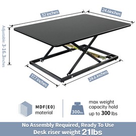 STANDNEE 32in Desk Riser for Standing or Sitting, Standing Desk Converter, Height Adjustable Sit Stand Desk Converter, Fully Assembled Monitor Laptop Riser Workstation for Home Office, Black