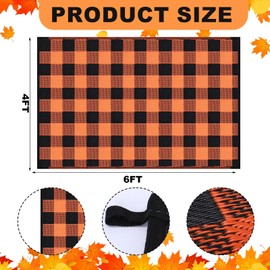 Tinideya 4' x 6' Fall Outdoor Rug Thanksgiving Front Doormat Orange and Black Plaid Plastic Straw Mat Patio Deck Mat Waterproof Outdoor Rug Outside Indoor Garden Lawn Balcony Porch Holiday Decorations