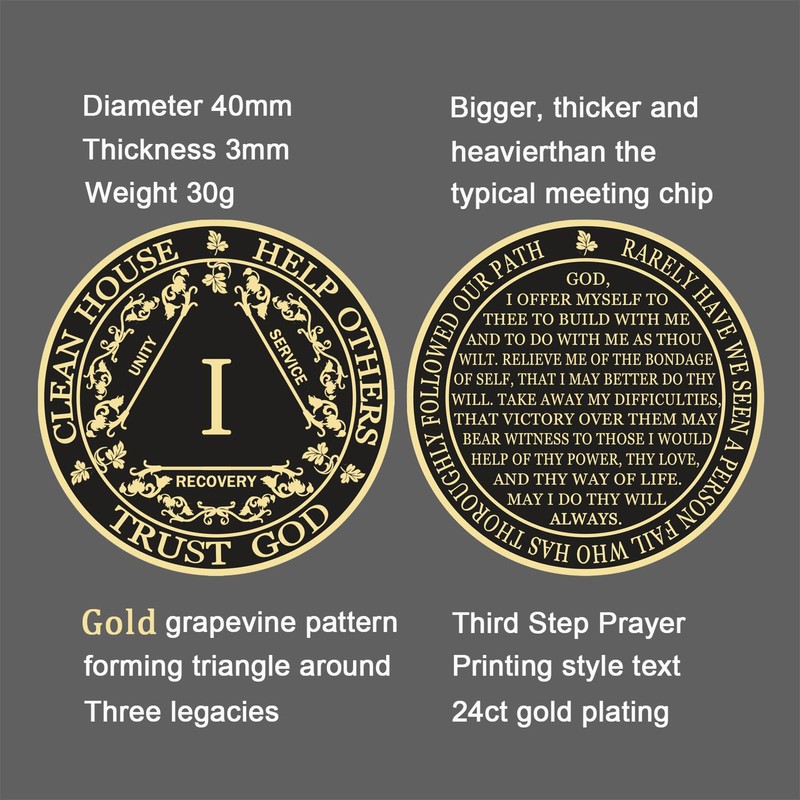 GOSIN Black & Gold 1-10 Years Alcoholics Anonymous Medallion AA