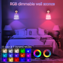 Maooght Battery Operated Wall Sconce Set of 2,Gold Rechargeable Wall Lights with Lampshade Dimmable RGB Bulbs and Remote,15 Colors Wireless Wall Lamps for Bedroom Living Room (Gold)