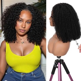 CUMASE 24 Inch Kinky Curly Half Wig Human Hair 200 Density 3 In 1 Seamless Flip Over Half Wig Beginner Friendly Glueless Drawstring Headband Wig for Women