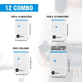 12 Pack Space Saver Vacuum Storage Bags(3 Jumbo/3 Large/3 Medium/3 Small), Vacuum Sealer Bags for Clothes, Clothing, Comforters and Blankets, Compression Storage Bags with Hand Pump