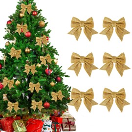 Gold Glitter Bows for Christmas Tree Decoration, 6PCS Christmas Tree Bow Wrapping Wreath Craft Supplies, Red Bows for Xmas Tree Home Christmas Party(Gold)