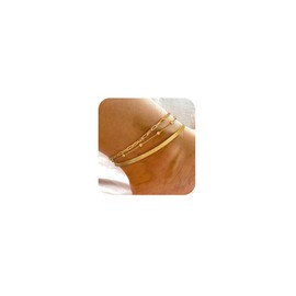 CAROVO Gold Ankle Bracelets for Women 14K Real Gold Plated Layered Anklet Waterproof Set Snake Bead Paperclip Chain Stackable Anklets Set Beach Jewelry for Women