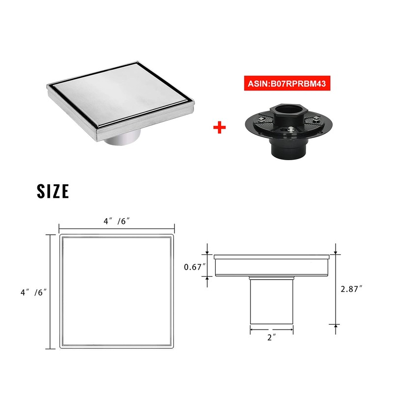 SaniteModar Square Shower Drain 6 inch with Shower Drain Base,